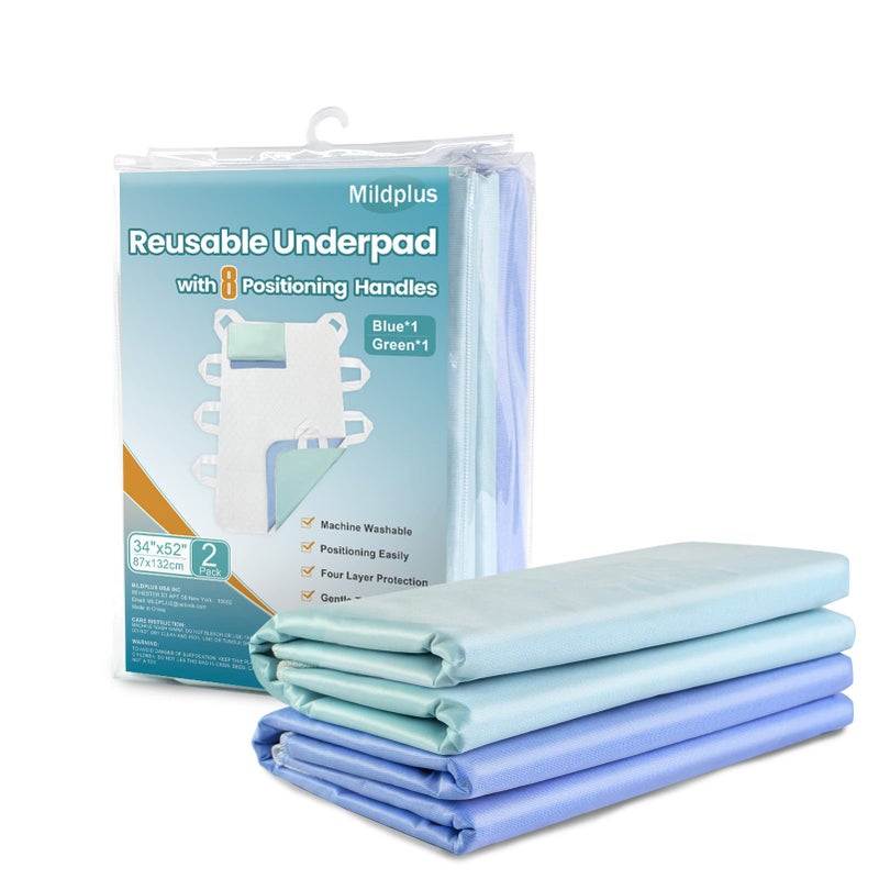 MILDPLUS Washable Bed Pads with 8 Sturdy Handles 3452 Extra Large Reusable Underpads 4Layers Leakproof Chucks Pads Washable for Incontinence 2 Pack