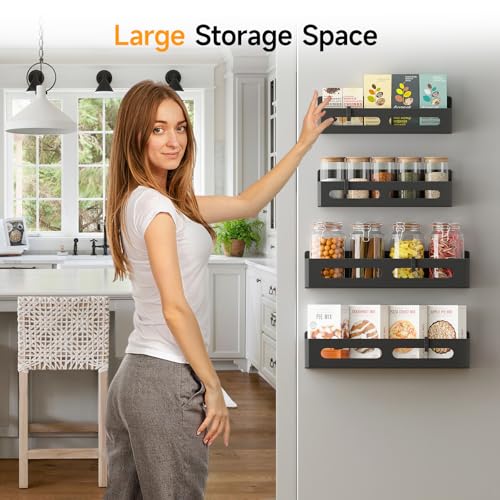 Sevenblue 4 Pack Magnetic Spice Rack for Refrigerator, Spice Rack Organizer, Moveable Magnetic Shelf Fridge Organizer with 4 Hooks for Kitchen and Oven Organization, Black - Image 3