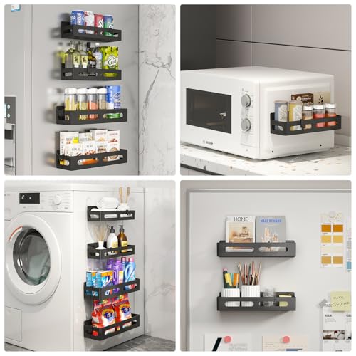Sevenblue 4 Pack Magnetic Spice Rack for Refrigerator, Spice Rack Organizer, Moveable Magnetic Shelf Fridge Organizer with 4 Hooks for Kitchen and Oven Organization, Black - Image 5