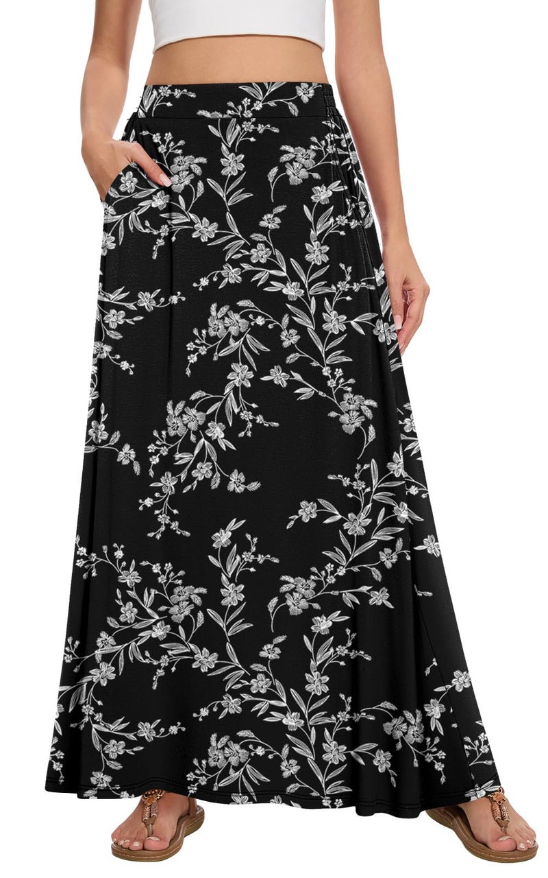 Leafsay Womens Maxi A-line Long Summer Skirt Elastic High Waist Flowy Skirt with Pockets(White Flower Black,L) - Image 1