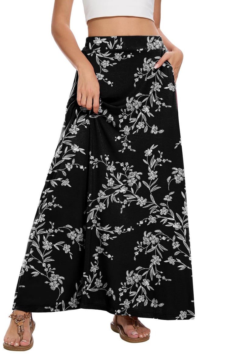 Leafsay Womens Maxi A-line Long Summer Skirt Elastic High Waist Flowy Skirt with Pockets(White Flower Black,L) - Image 2