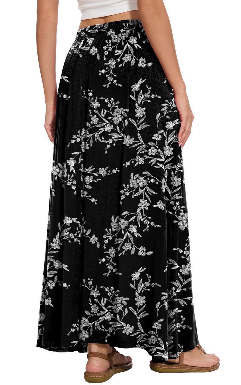 Leafsay Womens Maxi A-line Long Summer Skirt Elastic High Waist Flowy Skirt with Pockets(White Flower Black,L) - Image 3