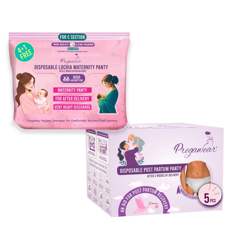 PROWEE Pregawear C Section Maternity Panty(5) & Postpartum Panty(5) Combo |Low Rise 360˚ Coverage Disposable Underwear|Ultra Thin, 100% Leak Proof, Antifungal After Delivery Heavy Flow (S) - Image 1