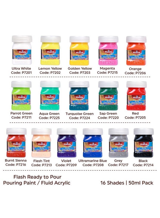 فلاش مجموعة ألوان أكريليك سائلة سريعة الصب للرسم بالأكريليك - مجموعة ألوان أكريليك عالية التدفق مكونة من 16 لونًا للصب على القماش والزجاج والورق والخشب والبلاط والأحجار وما إلى ذلك - لا حاجة للخلط - 50 مل لكل منها (1.6 أونصة) - متعدد الألوان