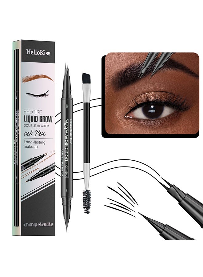 HelloKiss Precise Liquid Brow, Double-Headed Ink Pen, Microblading Eyebrow Pencil, 2-in-1 Dual-Ended Eyebrow Pen with 2 Tip brow pen and Precise Brush-Tip, Brow Pen for Natural Women Waterproof and Long-Lasting Brows (05# Black) - Image 1