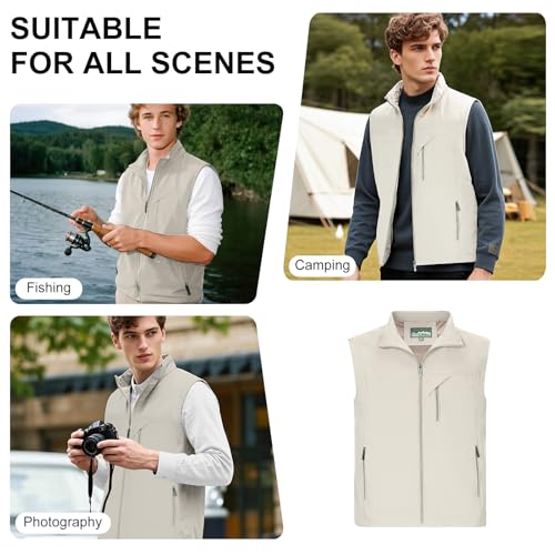 DUOFIER Men's Casual Vest Lightweight Outdoor Work Photo Cargo Sleeveless Jacket for Hiking Travel, Beige-XXL - Image 4