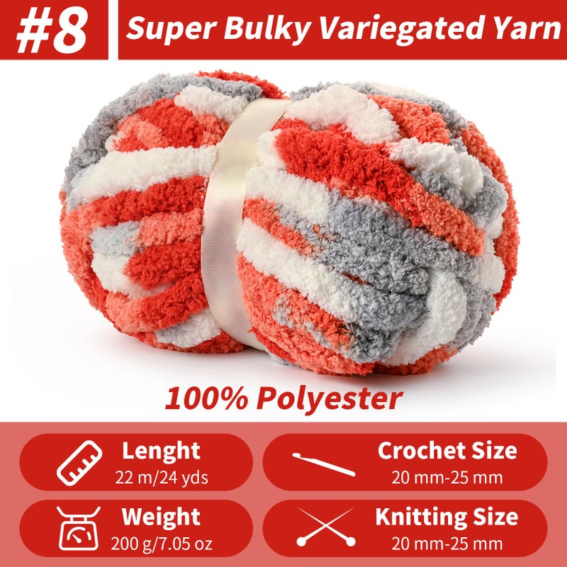 Sekafris 10 Pack Fluffy Chunky Chenille Yarn for Crocheting, Jumbo Chunky Blanket Yarn for Hand Knitting, 240yds/70.5oz Super Bulky Variegated Baby Blanket Yarn(White-Grey-Orange) - Image 2