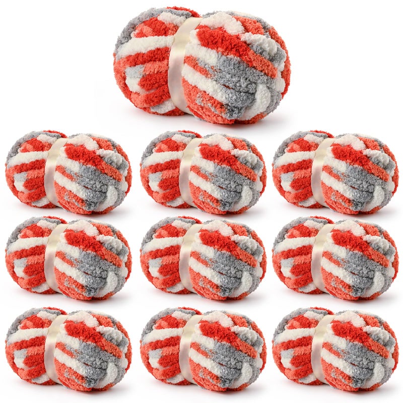 Sekafris 10 Pack Fluffy Chunky Chenille Yarn for Crocheting, Jumbo Chunky Blanket Yarn for Hand Knitting, 240yds/70.5oz Super Bulky Variegated Baby Blanket Yarn(White-Grey-Orange) - Image 1