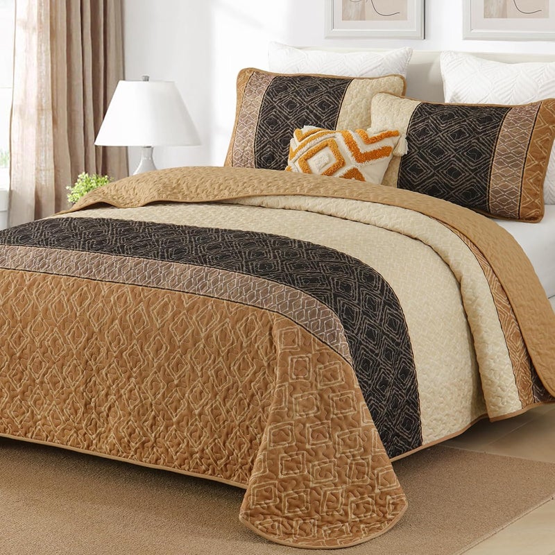 Cottolester Brown Quilt Set King Size 3 Pieces,Boho Striped Bedspread,Farmhouse Plaid Bedding Set Soft Microfiber Quilt with 2 Pillow Shams 110"x90" - Image 1