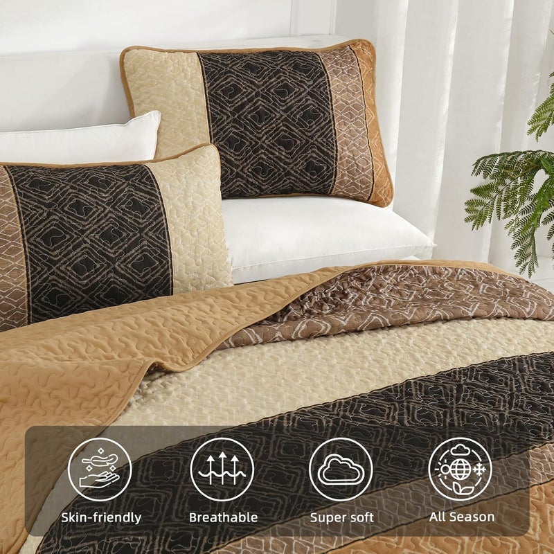 Cottolester Brown Quilt Set King Size 3 Pieces,Boho Striped Bedspread,Farmhouse Plaid Bedding Set Soft Microfiber Quilt with 2 Pillow Shams 110"x90" - Image 3