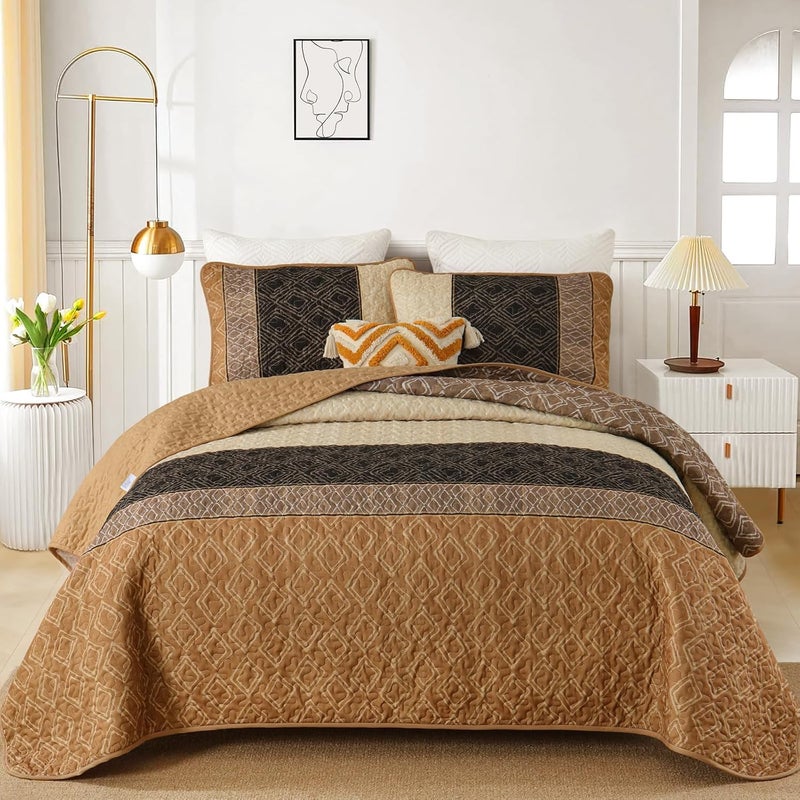 Cottolester Brown Quilt Set King Size 3 Pieces,Boho Striped Bedspread,Farmhouse Plaid Bedding Set Soft Microfiber Quilt with 2 Pillow Shams 110"x90" - Image 2