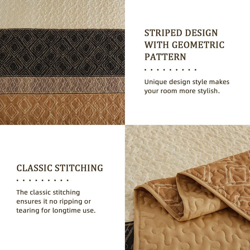 Cottolester Brown Quilt Set King Size 3 Pieces,Boho Striped Bedspread,Farmhouse Plaid Bedding Set Soft Microfiber Quilt with 2 Pillow Shams 110"x90" - Image 5