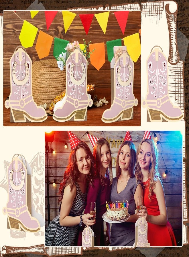 Kolldenn 12 Pcs Cowboy Cowgirl Boots Paper Bags Western Party Decorations Favors Wild West Kraft Gift Goodie Bag with 12 Wood Horseshoe Cutout for Cowboy Birthday Bachelorette Party Supplies(Pink - Image 5