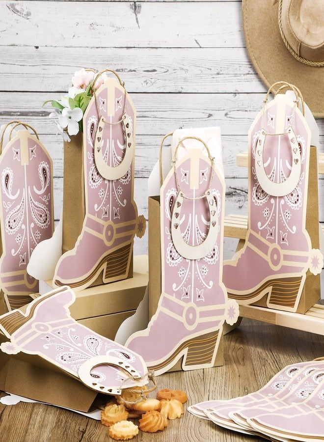 Kolldenn 12 Pcs Cowboy Cowgirl Boots Paper Bags Western Party Decorations Favors Wild West Kraft Gift Goodie Bag with 12 Wood Horseshoe Cutout for Cowboy Birthday Bachelorette Party Supplies(Pink - Image 3