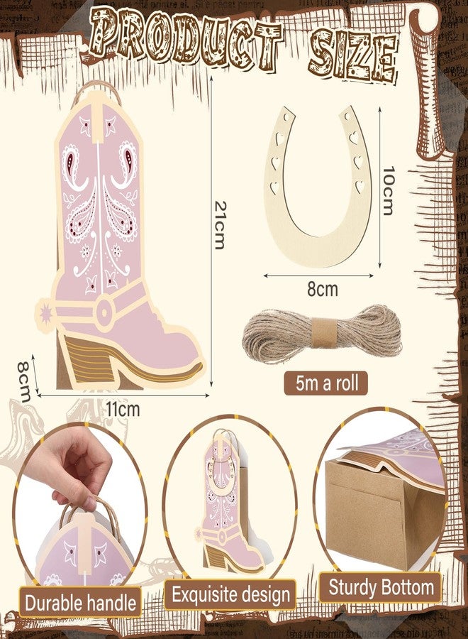Kolldenn 12 Pcs Cowboy Cowgirl Boots Paper Bags Western Party Decorations Favors Wild West Kraft Gift Goodie Bag with 12 Wood Horseshoe Cutout for Cowboy Birthday Bachelorette Party Supplies(Pink - Image 2