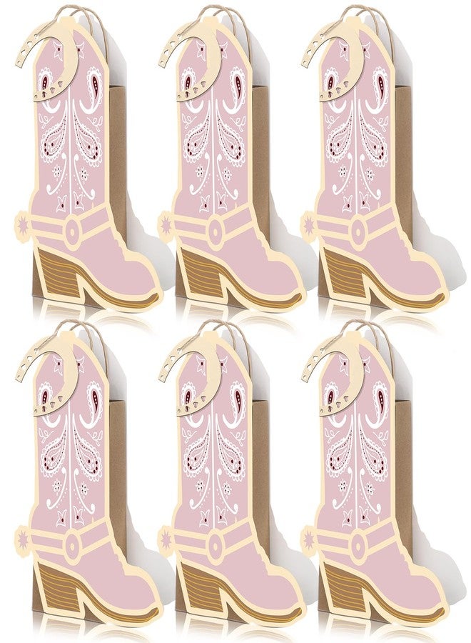 Kolldenn 12 Pcs Cowboy Cowgirl Boots Paper Bags Western Party Decorations Favors Wild West Kraft Gift Goodie Bag with 12 Wood Horseshoe Cutout for Cowboy Birthday Bachelorette Party Supplies(Pink - Image 1