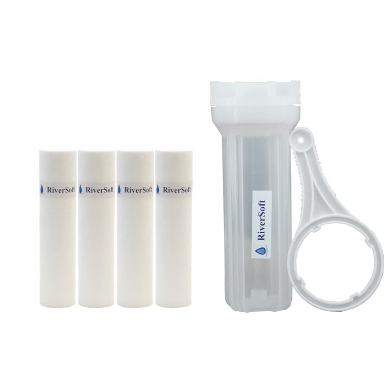 RiverSoft PreRO-10-STR Semi-transparent RO prefilter housing with inbuilt mounting clamp, spun cartridge and wrench key (PP, white, 4 Spun Cartridge) - Image 2