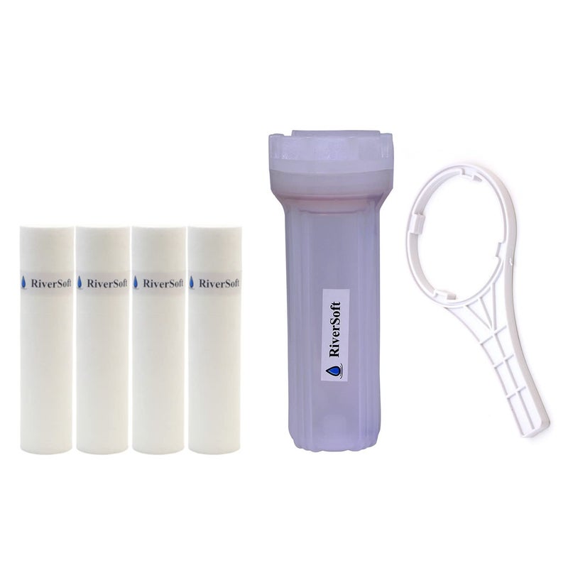 RiverSoft PreRO-10-STR Semi-transparent RO prefilter housing with inbuilt mounting clamp, spun cartridge and wrench key (PP, white, 4 Spun Cartridge) - Image 1