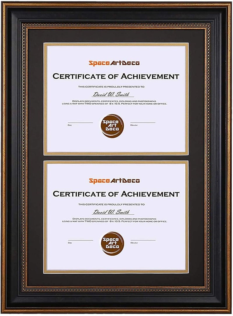 Space Art Deco, 14x20 Double Picture Frames for Two 8.5x11 Inch Certificates, Documents and College Degree, Wall Mounting, Black with Ornate Gold Trim - Image 1