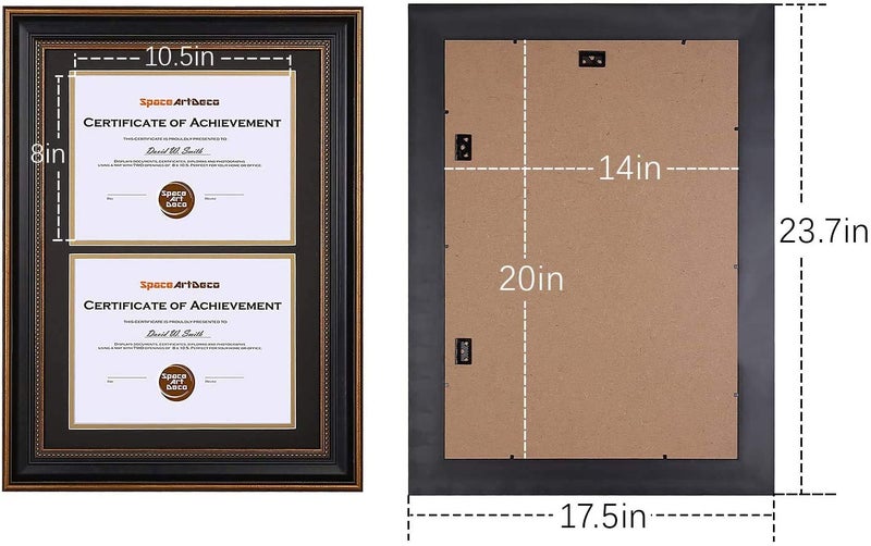 Space Art Deco, 14x20 Double Picture Frames for Two 8.5x11 Inch Certificates, Documents and College Degree, Wall Mounting, Black with Ornate Gold Trim - Image 5