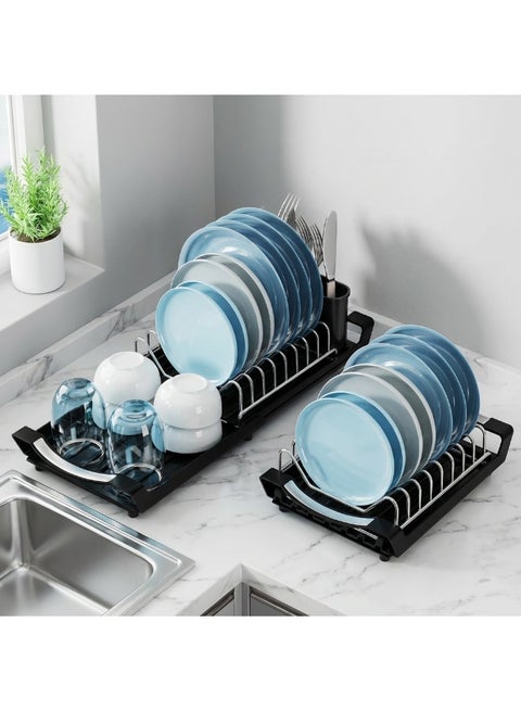Expandable Stainless Dish Rack Retractable Plate Washing Drying Rack With Utensil Holder And Drainage Tray Portable Foldable  Dish Storage Drainage Rack Suit For Any Home Kitchen Rental Condo RVs Dorm Or Travel Usage