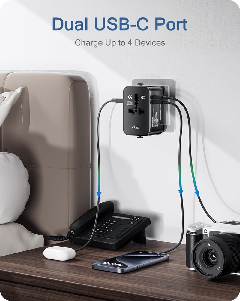 rts 224 Countries 2 USBC 1 USBC Plug Universal Travel Adapter International All in One Worldwide Travel Adapter and Wall Charger with USB Ports with Multi Type Power Outlet 6A Fuse - Image 2