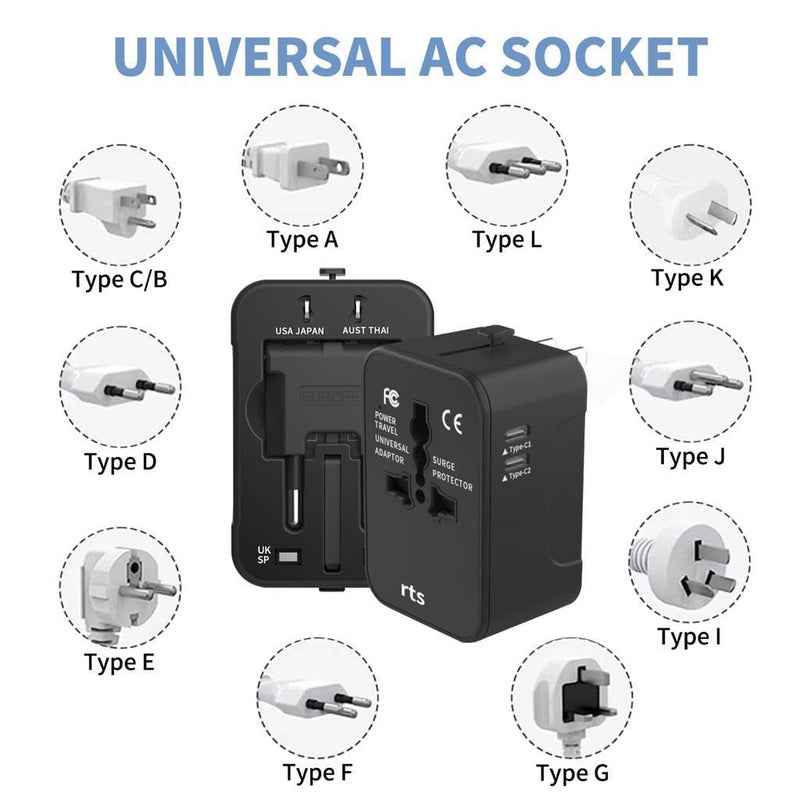 rts 224 Countries 2 USBC 1 USBC Plug Universal Travel Adapter International All in One Worldwide Travel Adapter and Wall Charger with USB Ports with Multi Type Power Outlet 6A Fuse - Image 5
