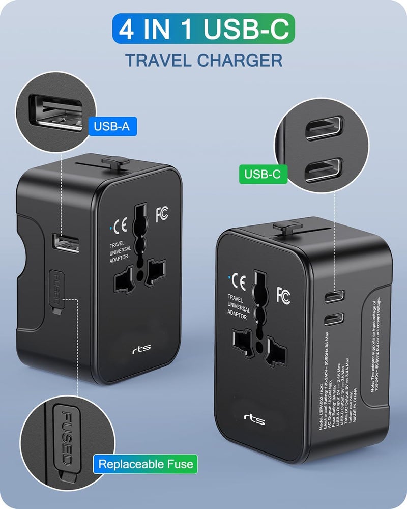 rts 224 Countries 2 USBC 1 USBC Plug Universal Travel Adapter International All in One Worldwide Travel Adapter and Wall Charger with USB Ports with Multi Type Power Outlet 6A Fuse - Image 4