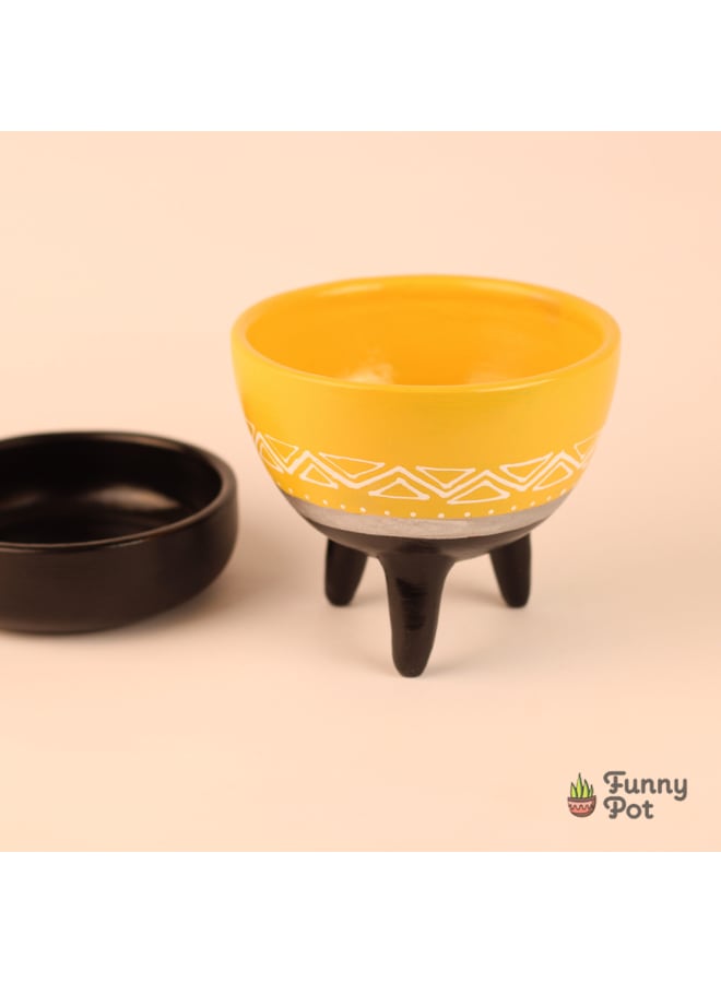 Handmade pottery empty pot - yellow & black - 12*11 cm