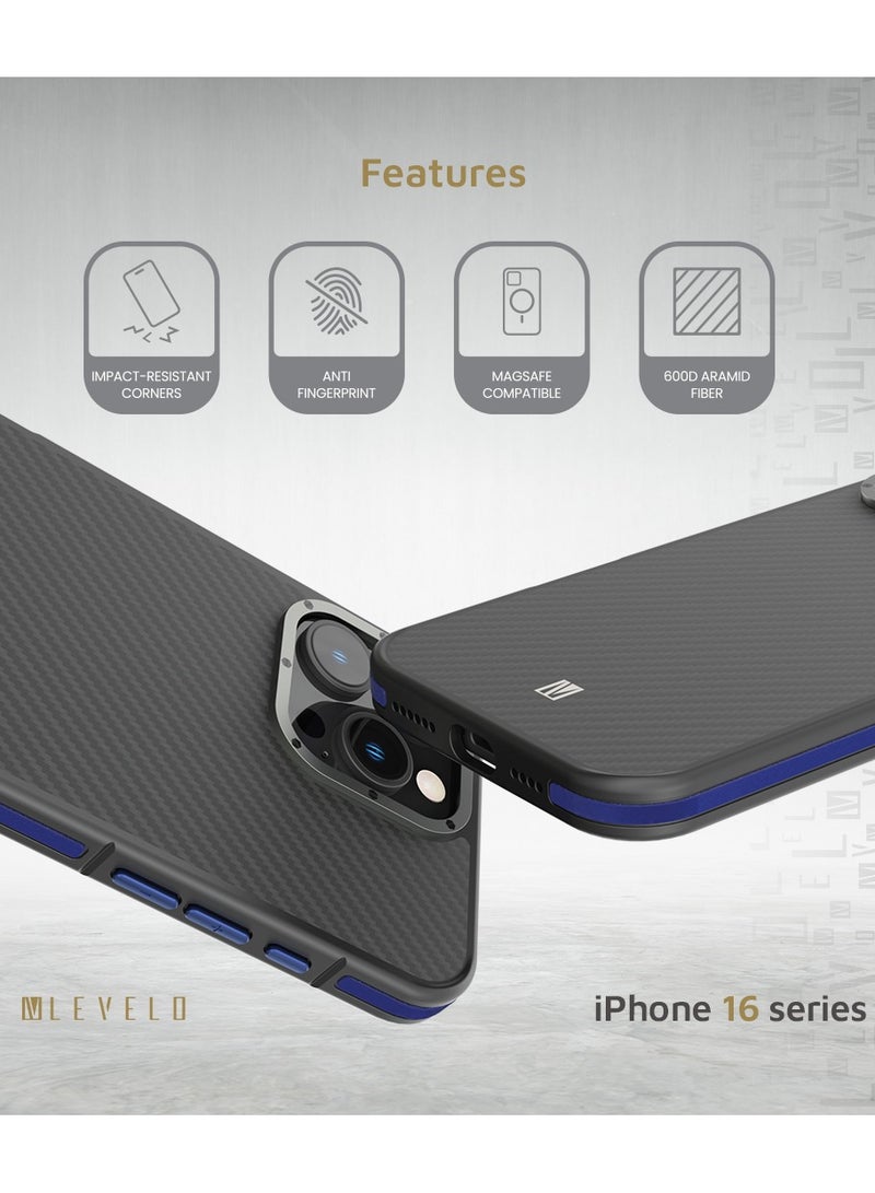 LEVELO iPhone 16 Pro MagSafe Case Ox Carbon / Anti-Finger Print / Drop and Damage Protection / Durable Back Cover- Blue - Image 2