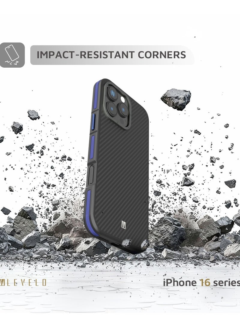 LEVELO iPhone 16 Pro MagSafe Case Ox Carbon / Anti-Finger Print / Drop and Damage Protection / Durable Back Cover- Blue - Image 3