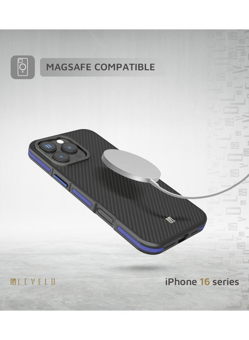 LEVELO iPhone 16 Pro MagSafe Case Ox Carbon / Anti-Finger Print / Drop and Damage Protection / Durable Back Cover- Blue - Image 5