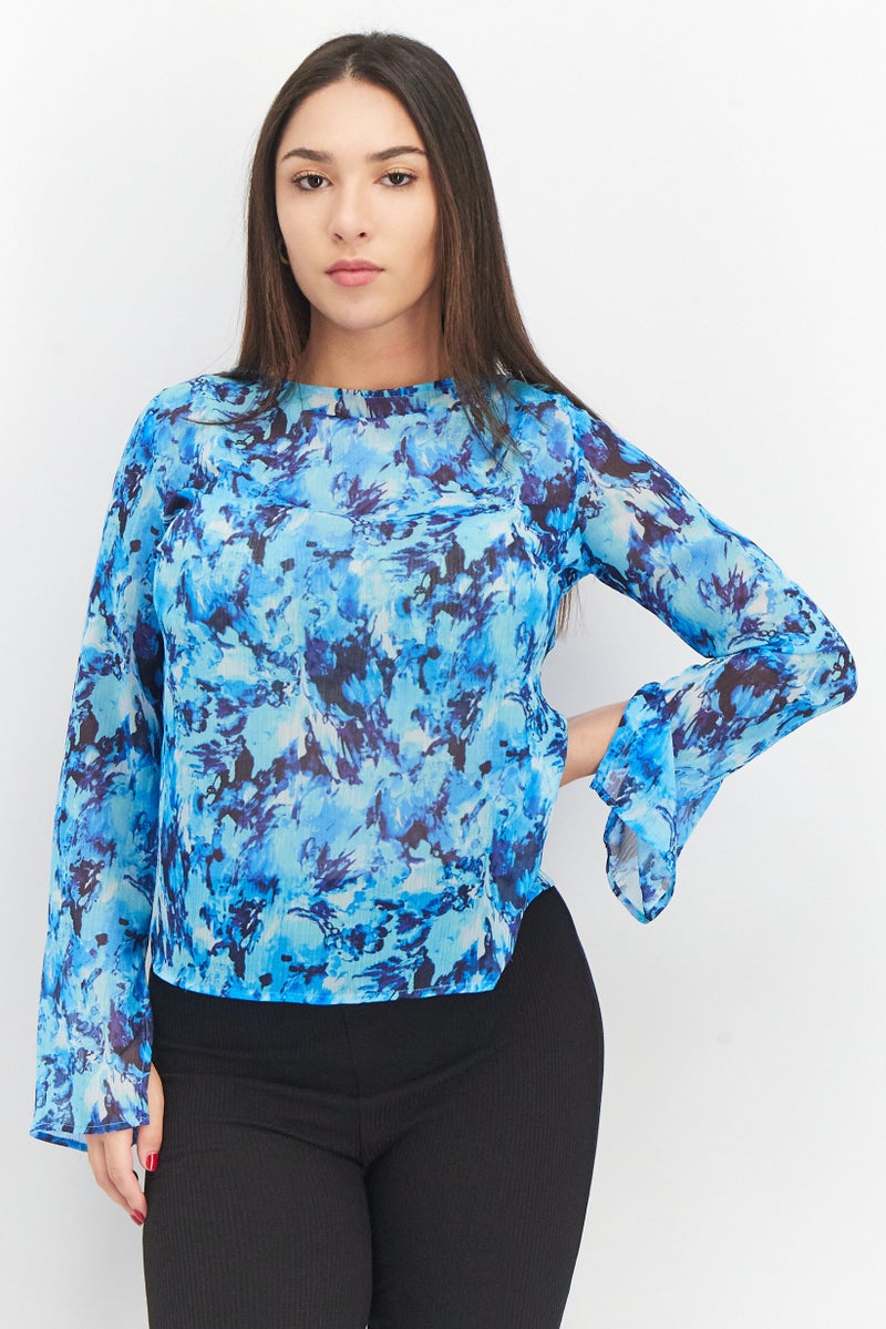 Mohito Women Crew Neck Long Sleeve Floral Print Top, Blue - Image 1
