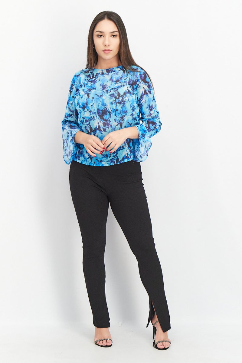 Mohito Women Crew Neck Long Sleeve Floral Print Top, Blue - Image 2