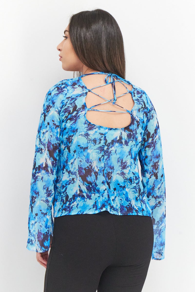 Mohito Women Crew Neck Long Sleeve Floral Print Top, Blue - Image 4
