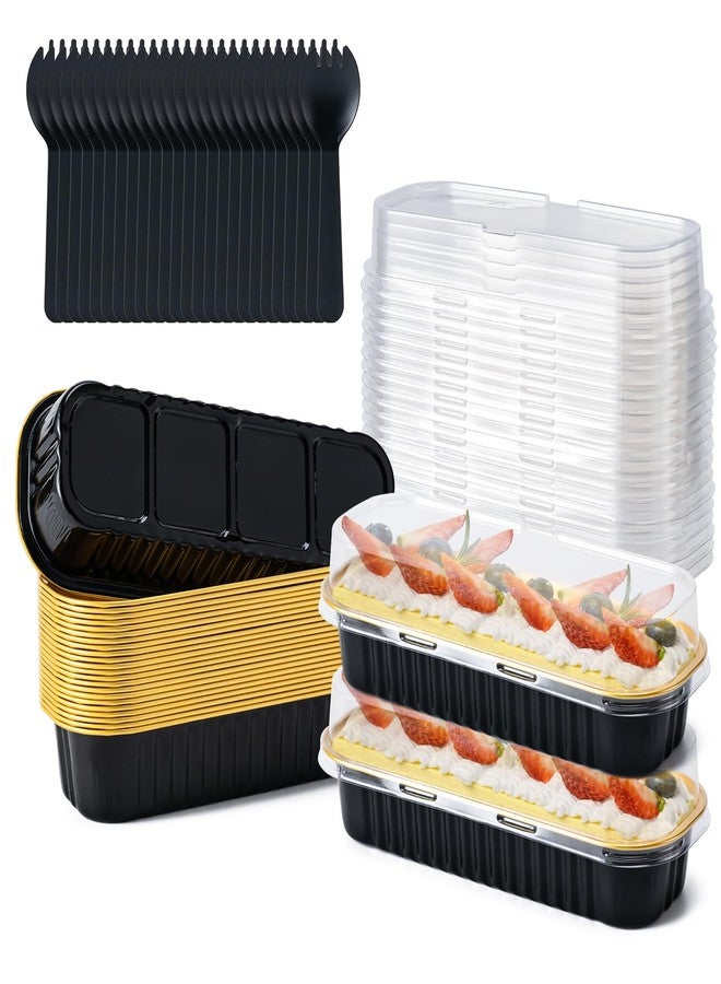 Husfunov 25 Pack Mini Cake Pans with Lids and Spoons, Small Aluminum Foil Loaf Pans, Rectangular Baking Containers for Party and Picnics, 6.8oz (Black/Gold) - Image 1