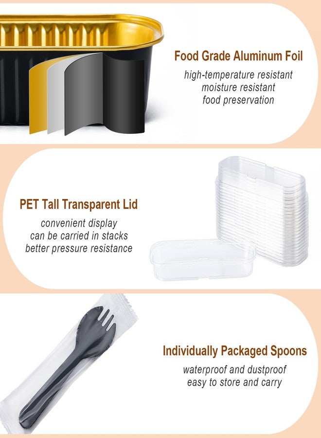 Husfunov 25 Pack Mini Cake Pans with Lids and Spoons, Small Aluminum Foil Loaf Pans, Rectangular Baking Containers for Party and Picnics, 6.8oz (Black/Gold) - Image 3