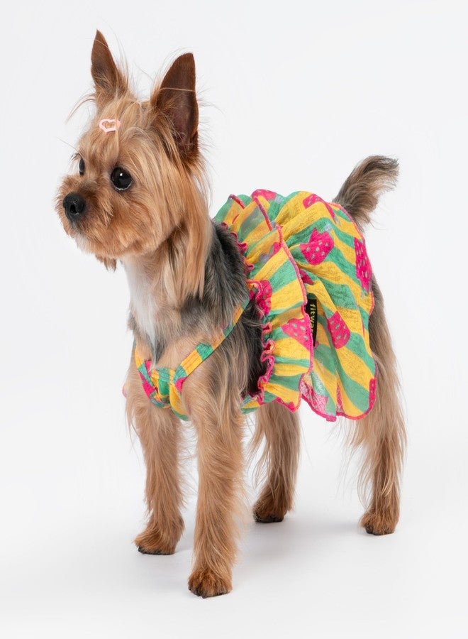 Fitwarm Strawberry Ice Pop Dog Dress, Striped Summer Dog Clothes for Small Dogs Girl, Pet Outfit, Green, Yellow, Light Pink, XS - Image 2