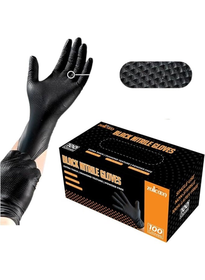 Zalcoon Black Nitrile Gloves, Heavy Duty Industrial Disposable Gloves Latex free, Powder Free,Mechanic Gloves, Diamond Texture, (1Pack x 100 Pieces)  - Image 1