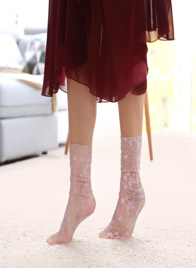 بنكايلور جوارب نسائية شفافة من بينكايلور، 4 أزواج، مزينة بالدانتيل والشبك، مصنوعة من النايلون، فضفاضة تصل إلى الكاحل (أسود، أبيض، مشمشي، وردي) - Image 2