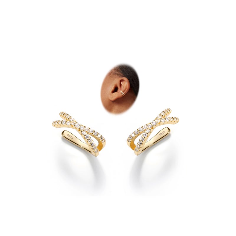 KRFY 2Pcs Adjustable Ear Cuff S925 Sterling Silver Ear Cuffs Non Piercing Cuff Earrings for Women Gold Plated 5A Cubic Zirconia Clip On Cartilage Helix Conch Fake Earrings Hypoallergenic - Image 1