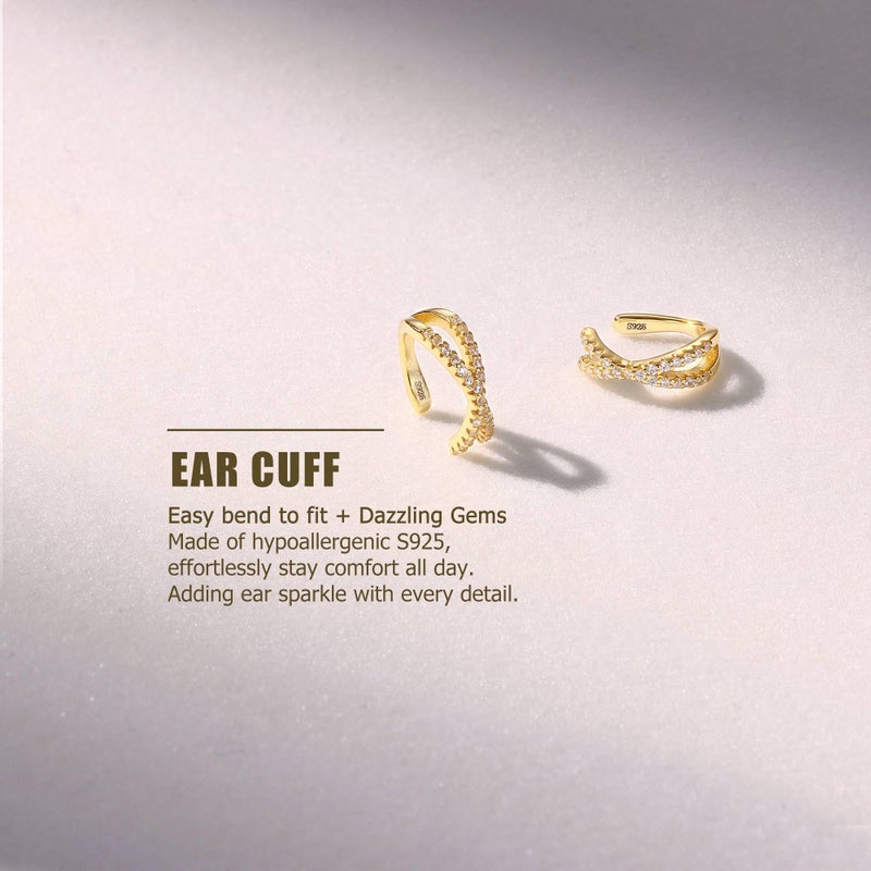 KRFY 2Pcs Adjustable Ear Cuff S925 Sterling Silver Ear Cuffs Non Piercing Cuff Earrings for Women Gold Plated 5A Cubic Zirconia Clip On Cartilage Helix Conch Fake Earrings Hypoallergenic - Image 2