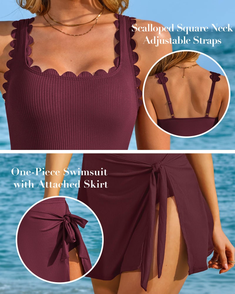 Charmo Womens Bathing Suits One Piece Swim Dress Modest Swim Suits Scalloped Square Neck Slimming Swimsuit with Skirt Burgundy M - Image 4