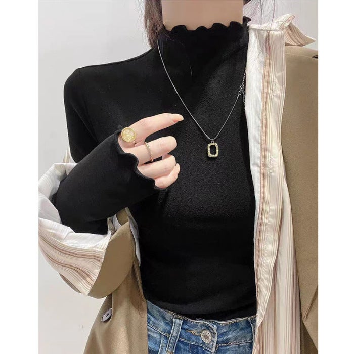 Long-Sleeved Top Women'S Fleece Warm Inner Base Shirt With Wood-Ear Edge Semi-High Collar Design Sense Ins All-Match T-Shirt - Image 1