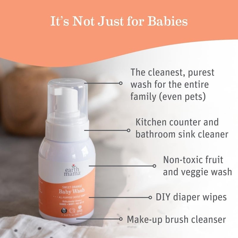 Earth Mama Sweet Orange Baby Liquid Wash Foaming Hand Soap, Organic All Purpose Body Wash for Sensitive Skin, Castile Soap with Coconut Oil, Shea Butter, Calendula, & Aloe, (Packaging May Vary) Long term heavy use compatible - Image 1