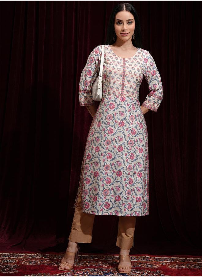 Vishudh - Floral Printed Gotta Patti Round Neck Straight Kurta by Styli - Image 1