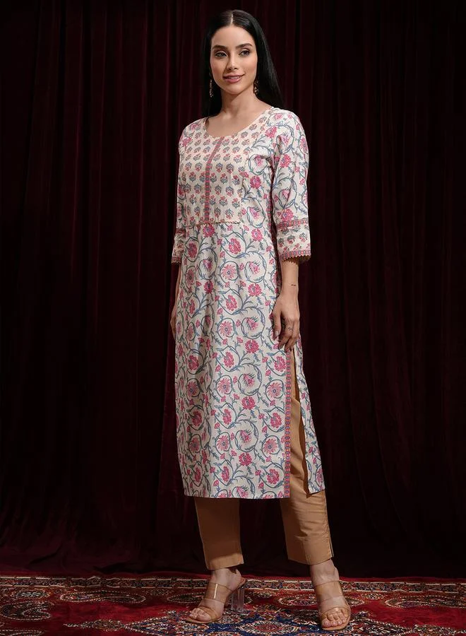 Vishudh Floral Printed Gotta Patti Round Neck Straight Kurta by Styli