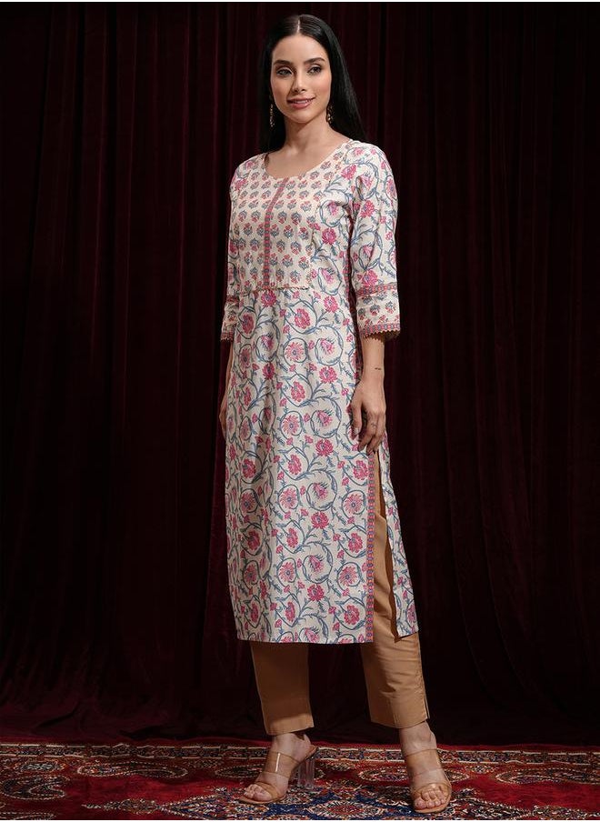 Vishudh - Floral Printed Gotta Patti Round Neck Straight Kurta by Styli - Image 1