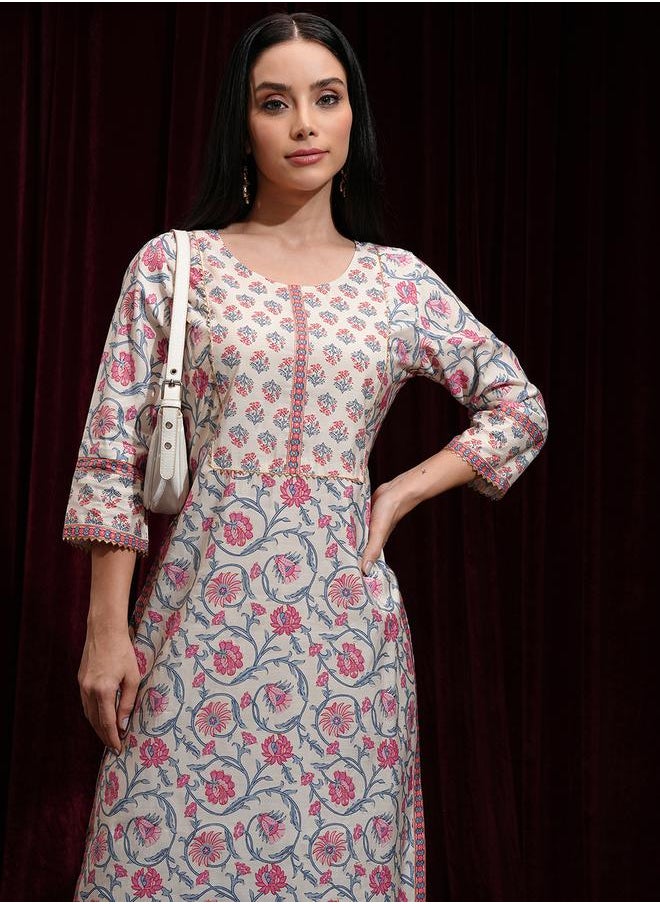 Vishudh - Floral Printed Gotta Patti Round Neck Straight Kurta by Styli - Image 1