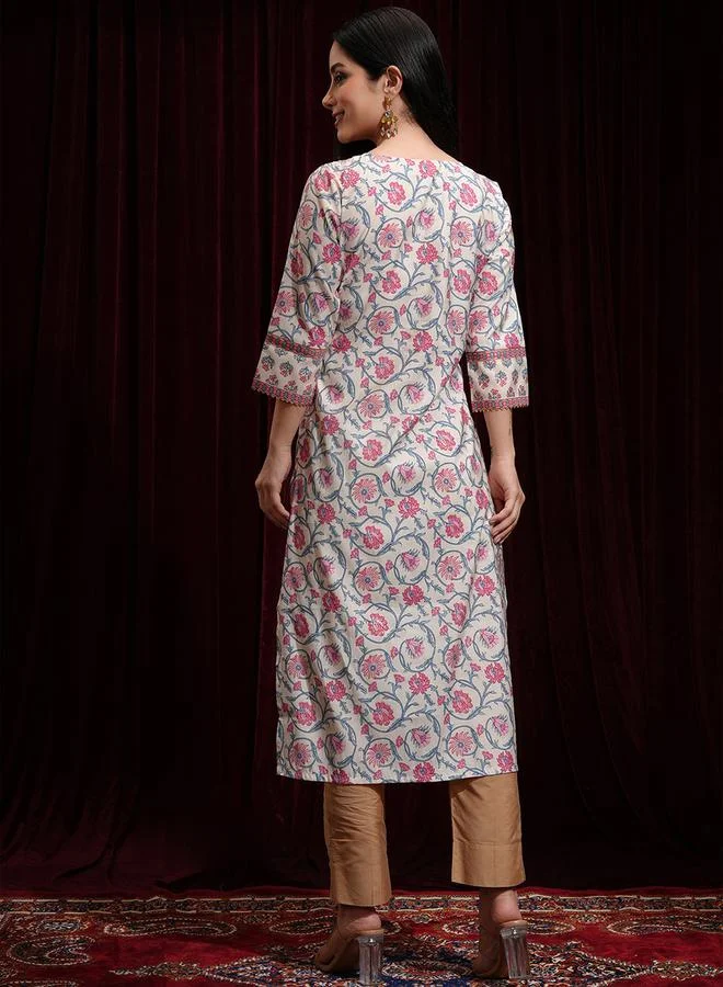 Vishudh Floral Printed Gotta Patti Round Neck Straight Kurta by Styli